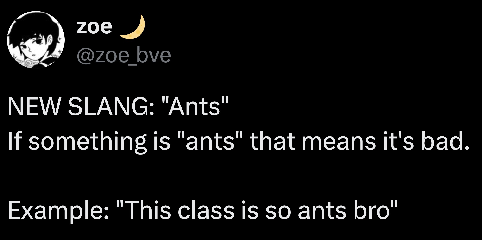 graphics - zoe New Slang "Ants" If something is "ants" that means it's bad. Example "This class is so ants bro"